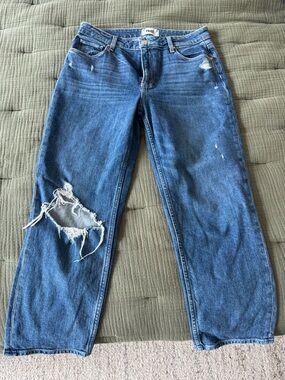 PAIGE Blue Distressed Cropped Boyfriend Jeans